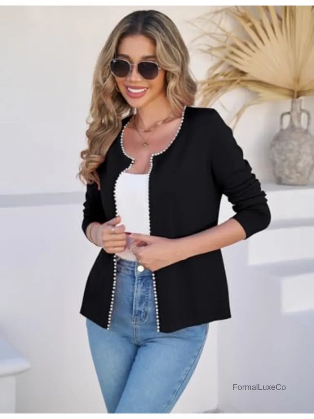 Women Lightweight Pearl Trim Open Front Cardigan Knit Jacket Long Sleeve